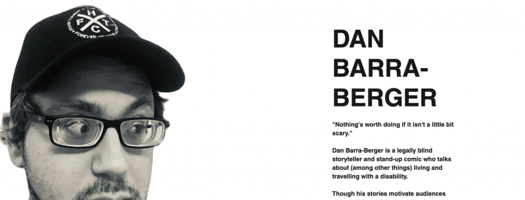 Screenshot of the main page at danbarraberger.com. It reads "Dan Barra-Berger" in large text next to a black-and-white image of Dan's face.
